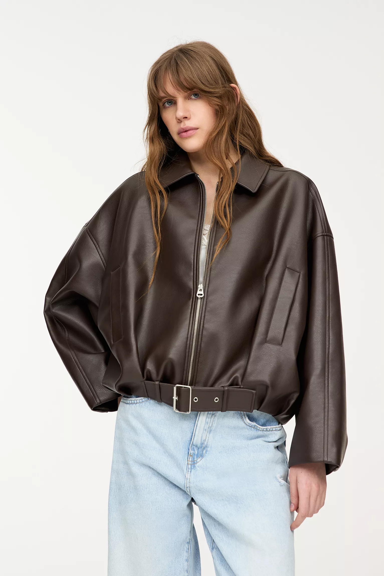 Faux leather bomber jacket - Marron